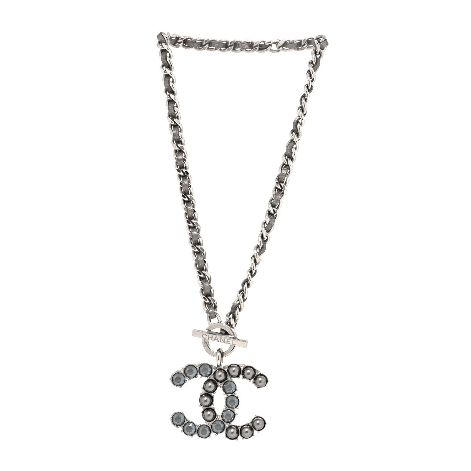 Chanel Crystal Pearl Short CC Necklace Silver Ruthenium 2 of 5