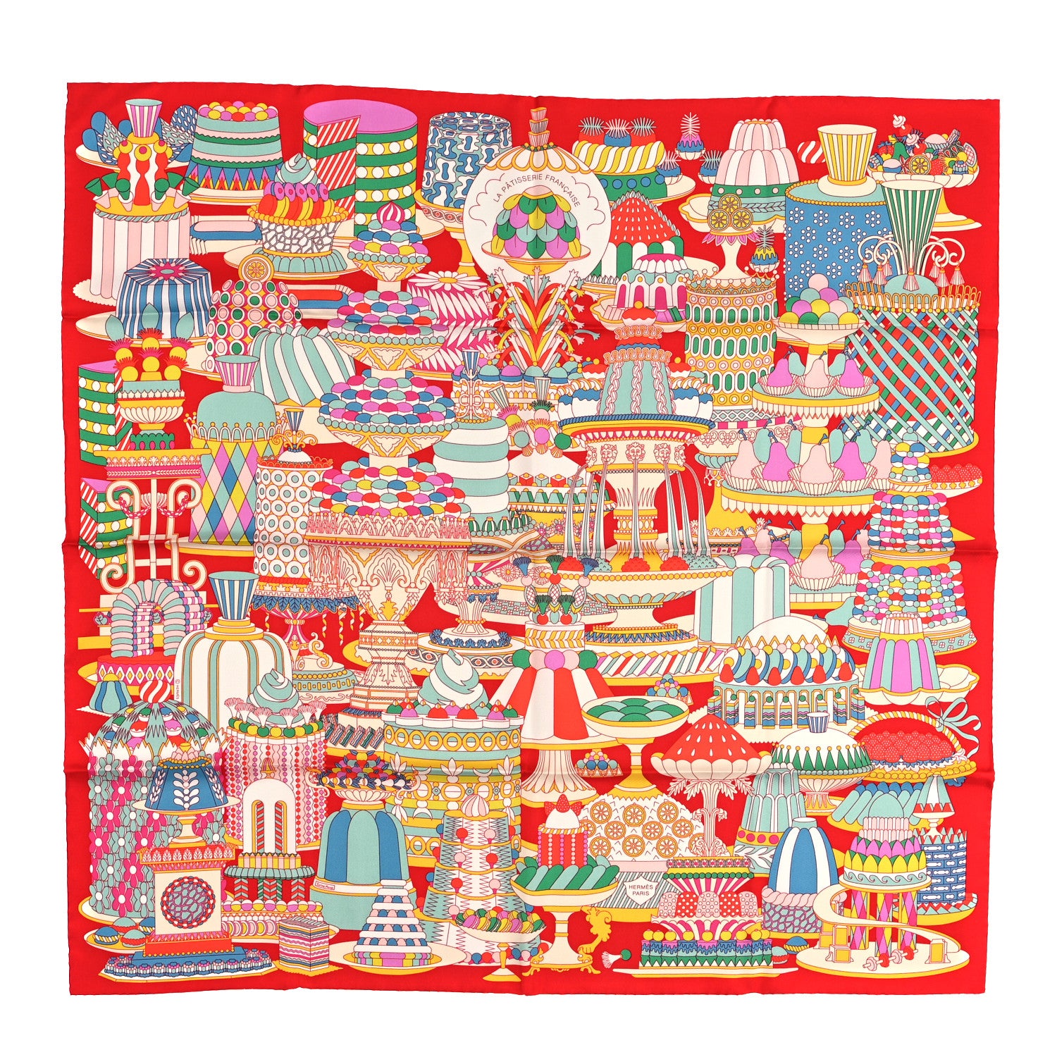 Hermes Silk La Patisserie Francaise Scarf 90 Rouge Vif Vert Multicolor 1 of 5