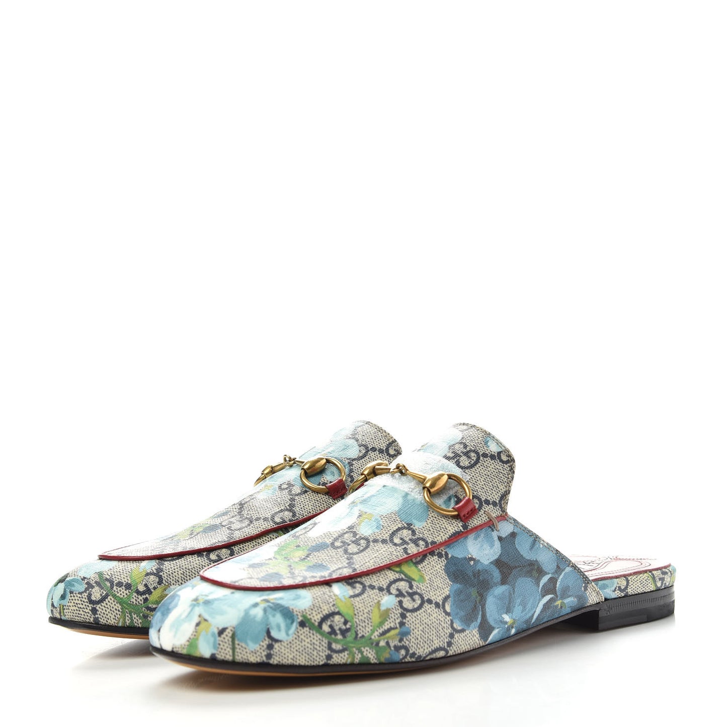 GG Supreme Monogram Blooms Womens Princetown Slippers 37 Beige Blue Navy Hibiscus Red