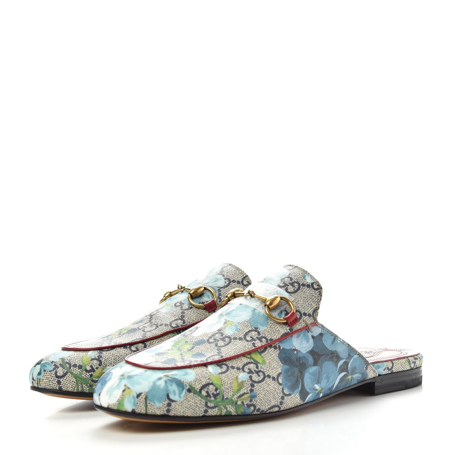 Gucci GG Supreme Monogram Blooms Womens Princetown Slippers 37 Beige Blue Navy Hibiscus Red 3 of 11