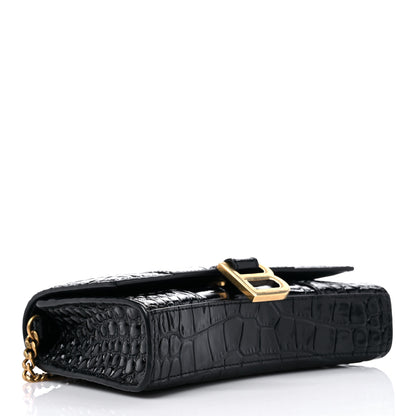 Balenciaga Shiny Calfskin Crocodile Embossed Hourglass Chain Bag Black 3 of 10