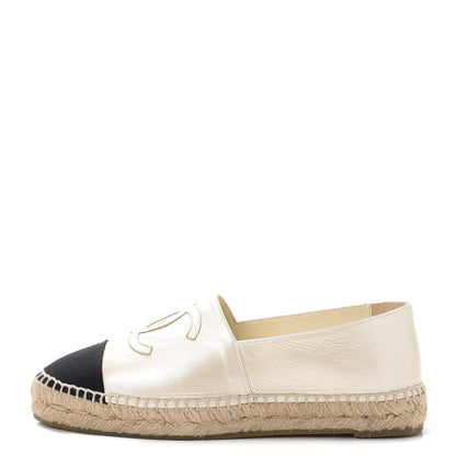 Chanel Metallic Calfskin Grosgrain CC Espadrilles 38 Ivory Black 1 of 11