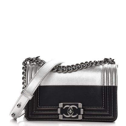 Chanel Metallic Goatskin Calfskin Small Bi-Color Boy Flap Silver Black 1 of 8
