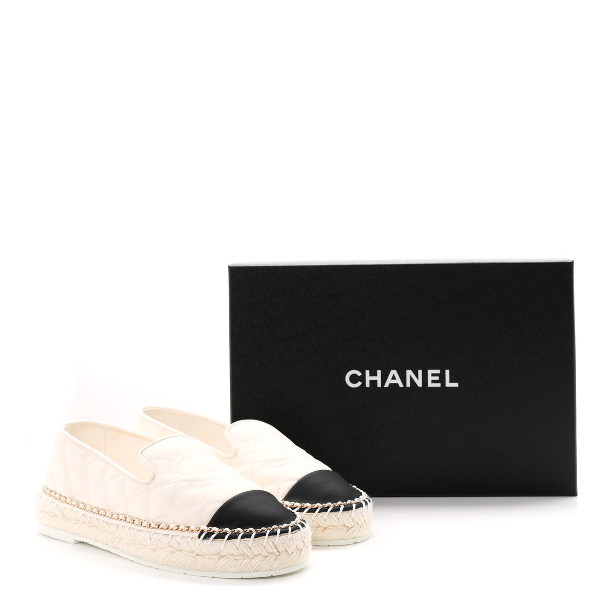Shiny Lambskin Quilted Grosgrain Cap Toe CC Chain Espadrilles 37 White Black