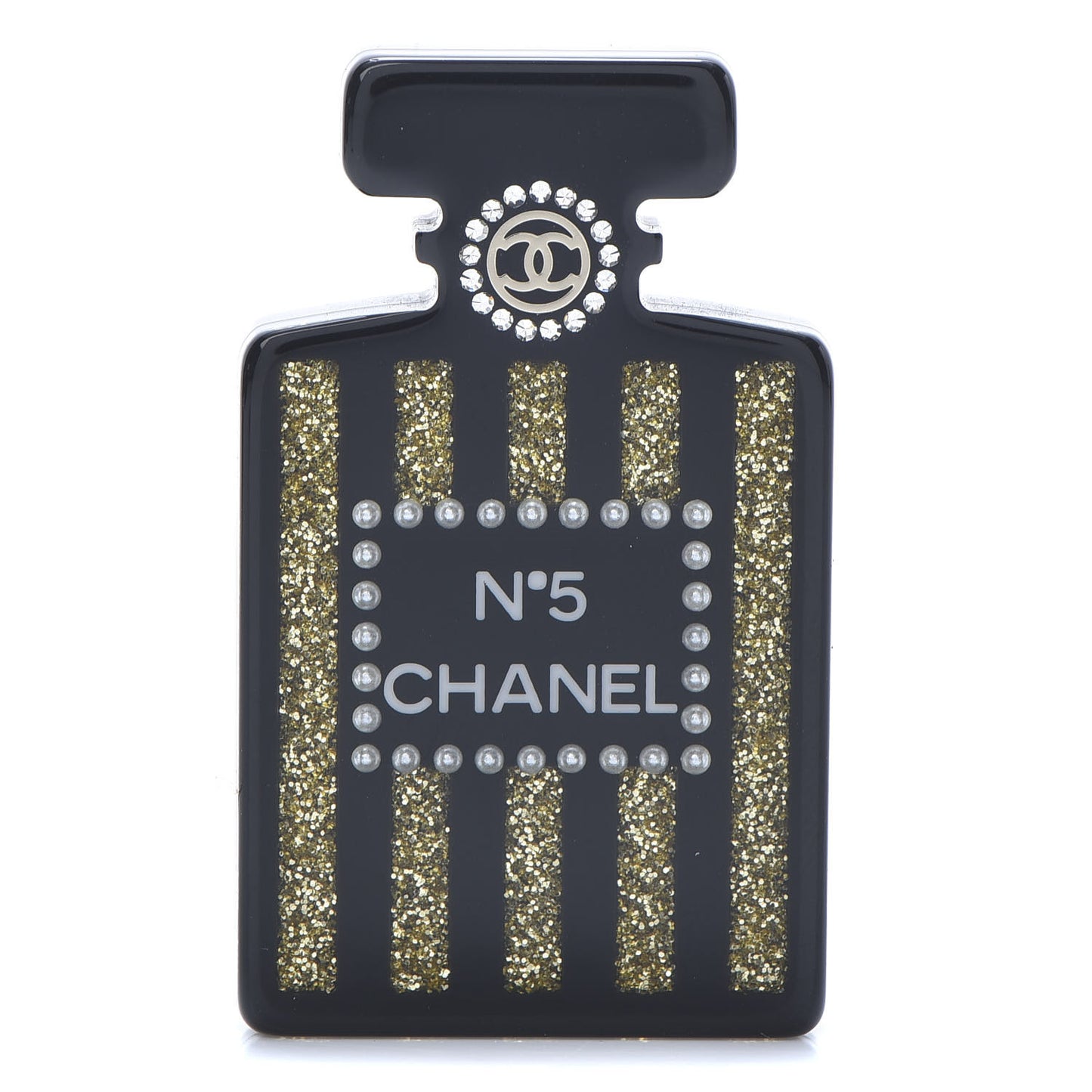 Resin Strass Perfume Bottle CC Brooch Black Gold