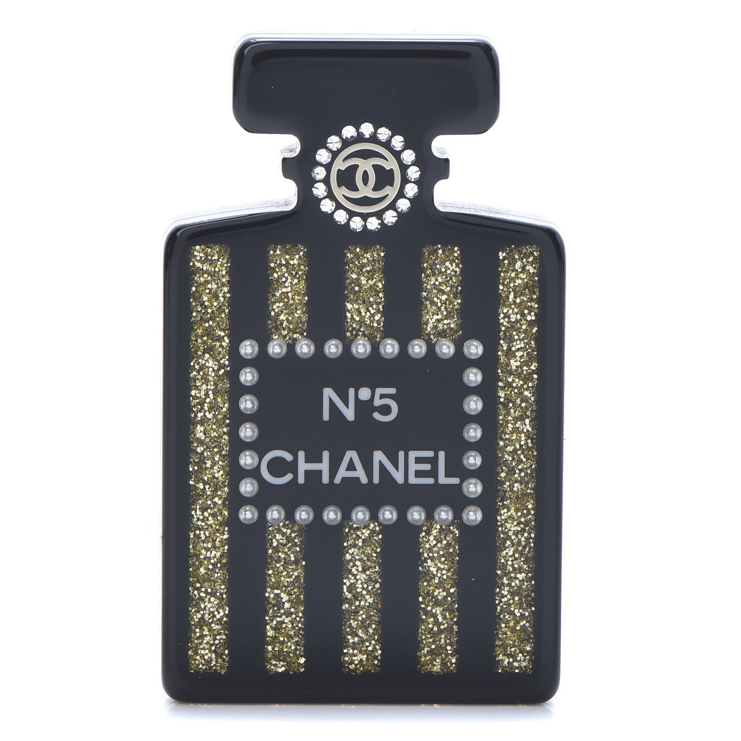 Chanel Resin Strass Perfume Bottle CC Brooch Black Gold 1 of 5