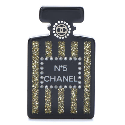 Chanel Resin Strass Perfume Bottle CC Brooch Black Gold 1 of 5
