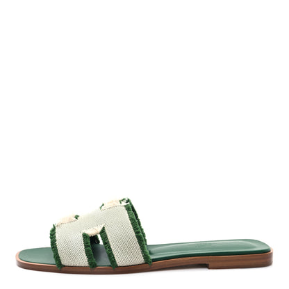 Hermes Calfskin Canvas Oran Fringe Sandals 37.5 Vert 1 of 10