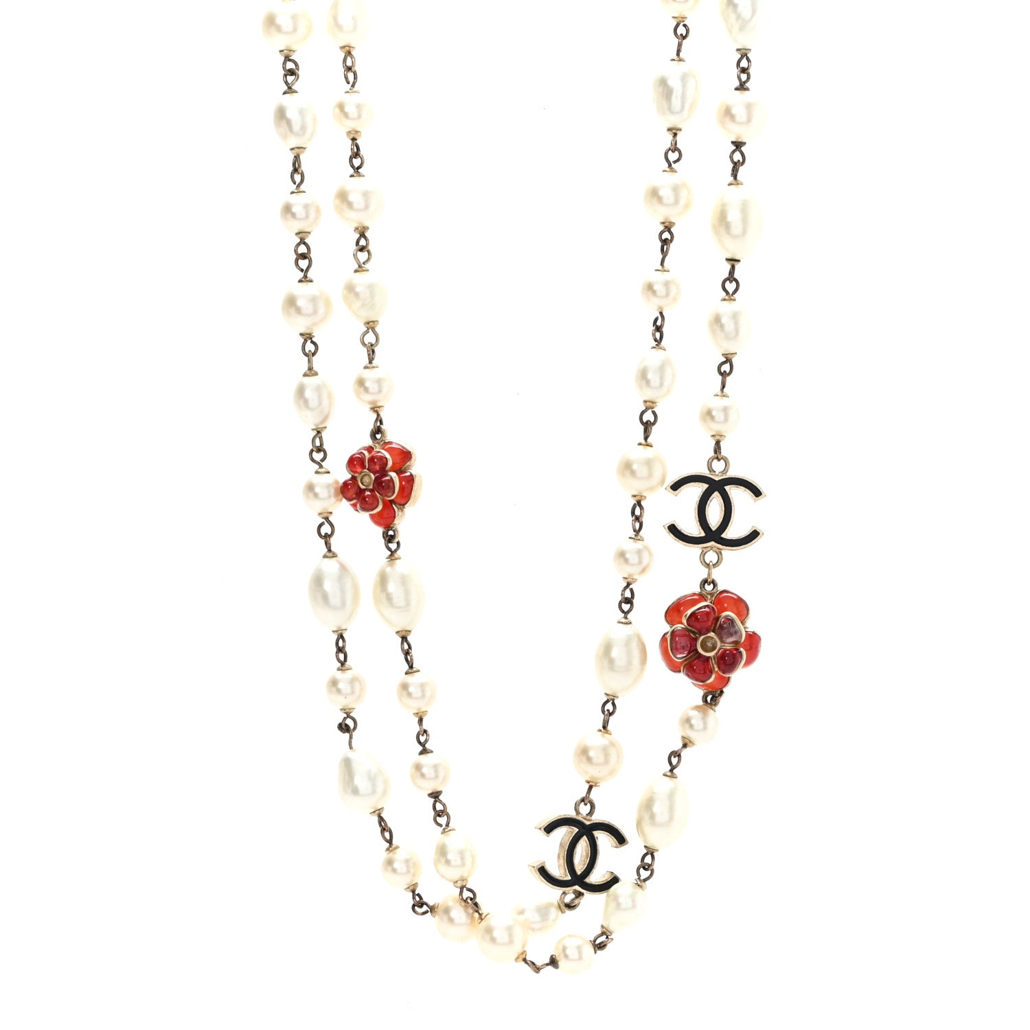 Chanel Pearl Enamel CC Camellia Long Necklace Black Red Gold 1 of 6