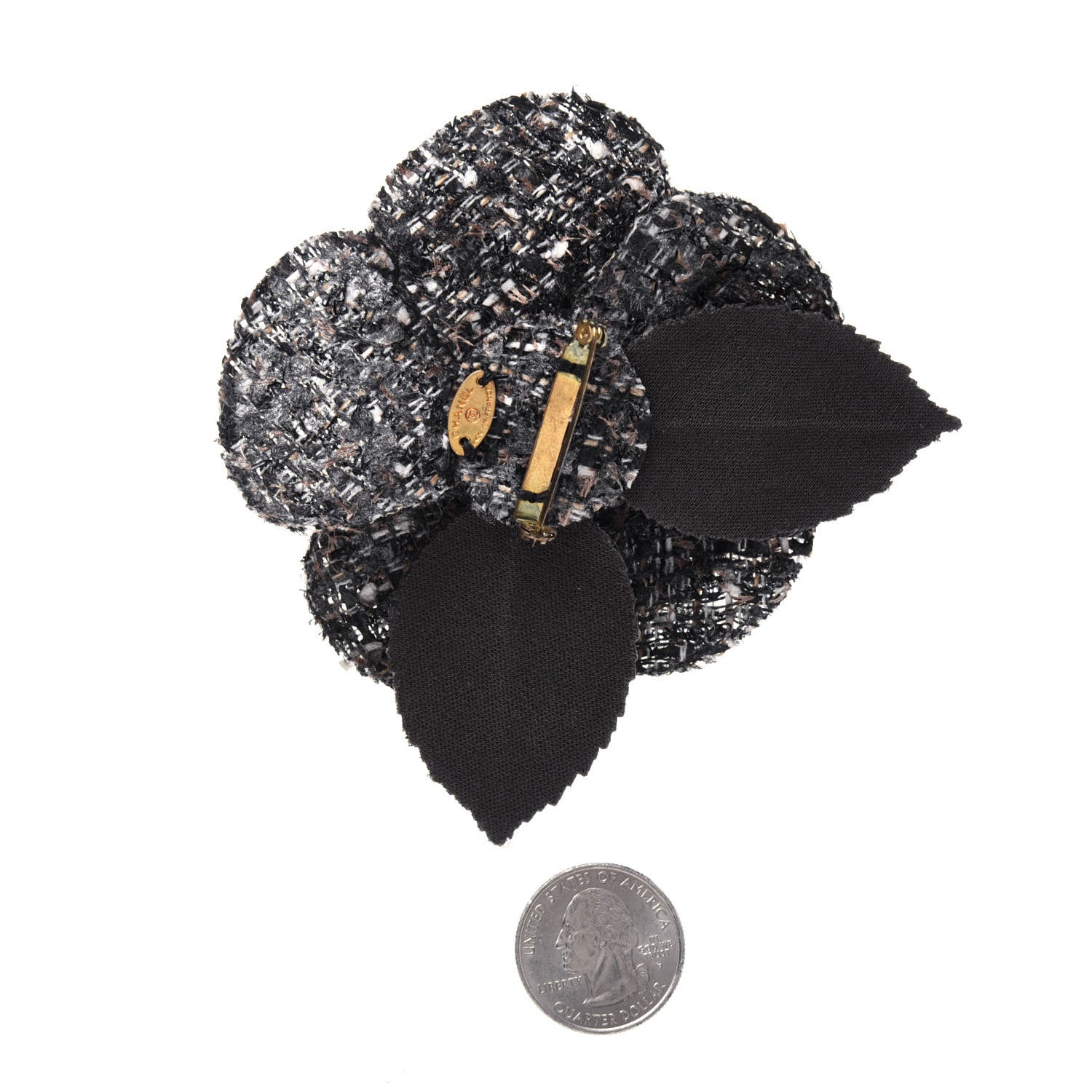 Chanel Tweed Camellia CC Pin Brooch Brown Black 2 of 5