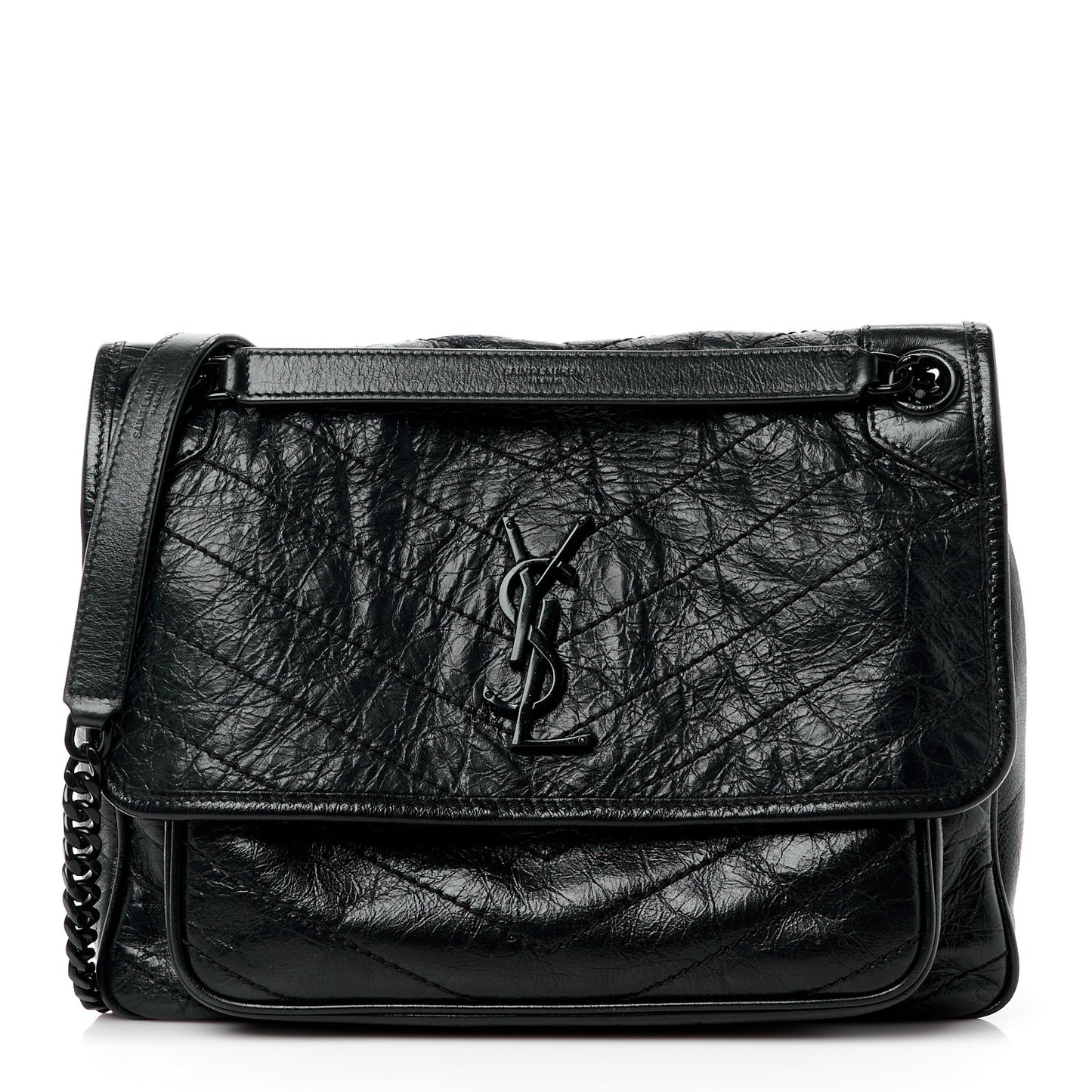 Crinkled Calfskin Matelasse Monogram Medium Niki Chain Satchel Black