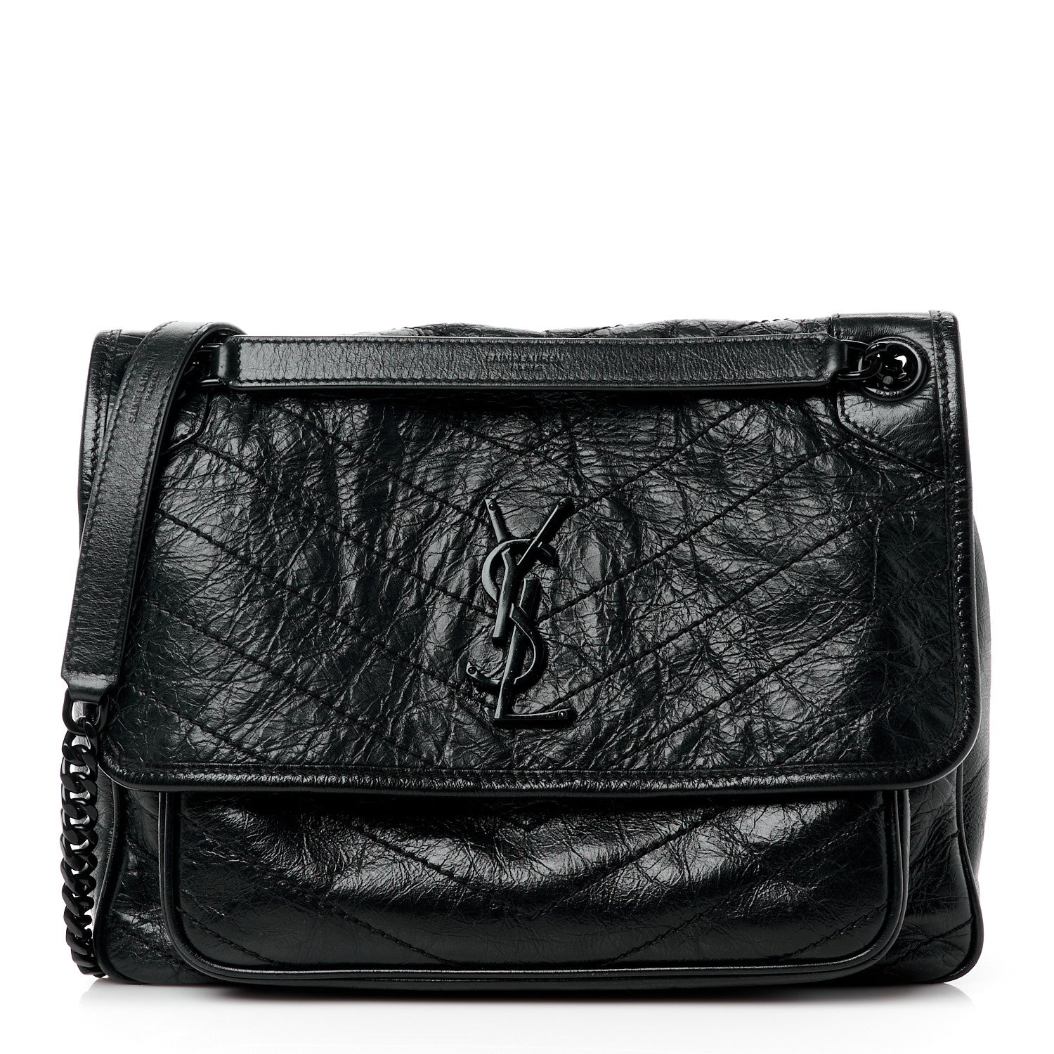 Saint Laurent Crinkled Calfskin Matelasse Monogram Medium Niki Chain Satchel Black 1 of 15