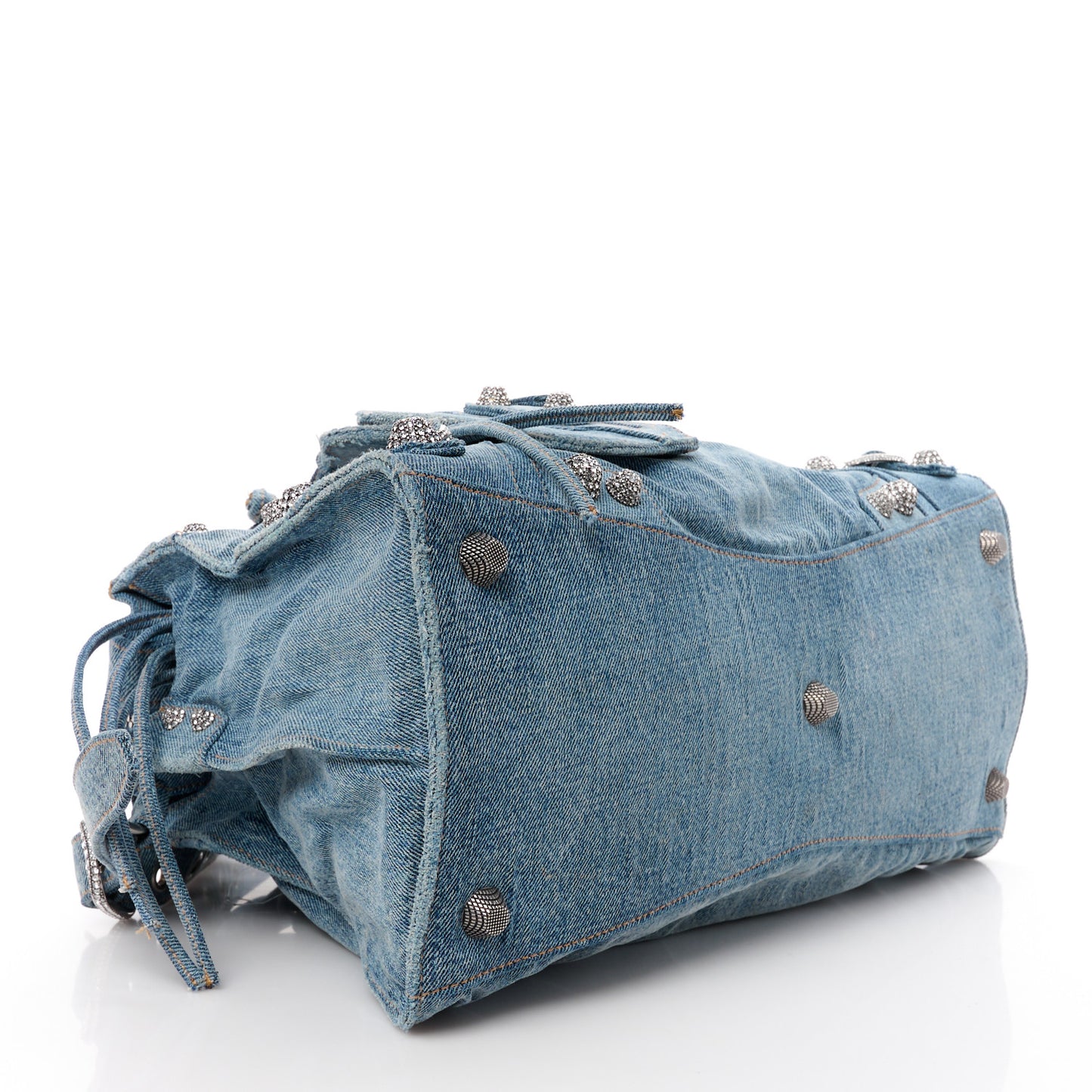 Washed Frayed Denim Crystal Neo Cagole City Handbag Blue