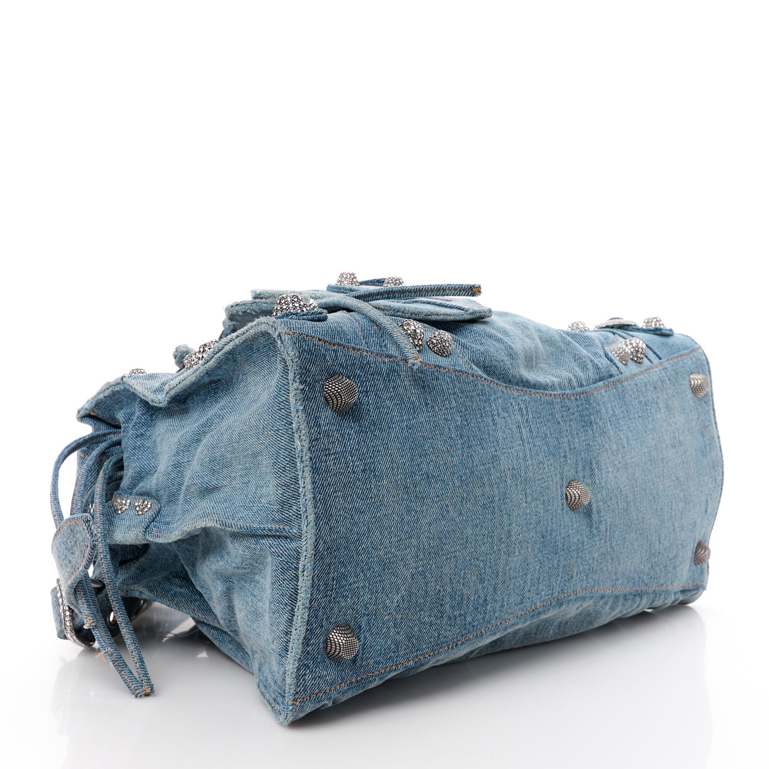 Balenciaga Washed Frayed Denim Crystal Neo Cagole City Handbag Blue 4 of 14