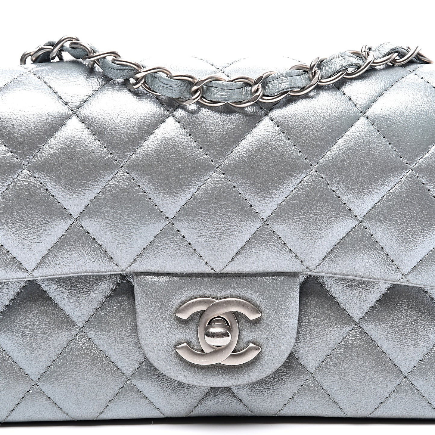 Metallic Lambskin Quilted Mini Rectangular Flap Silver