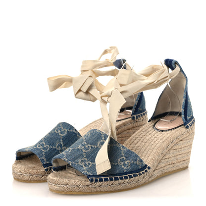 Gucci New Denim GG Monogram Pilar Ankle Wrap Espadrille Wedge Sandals 41 Light Blue 4 of 10