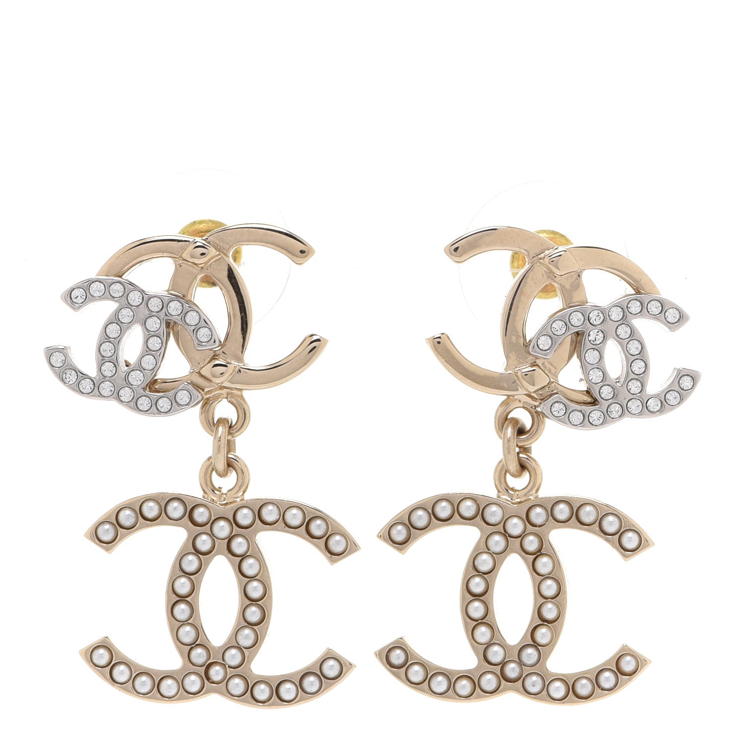 Chanel Crystal Pearl Double CC Drop Earrings Gold Silver 1 of 5