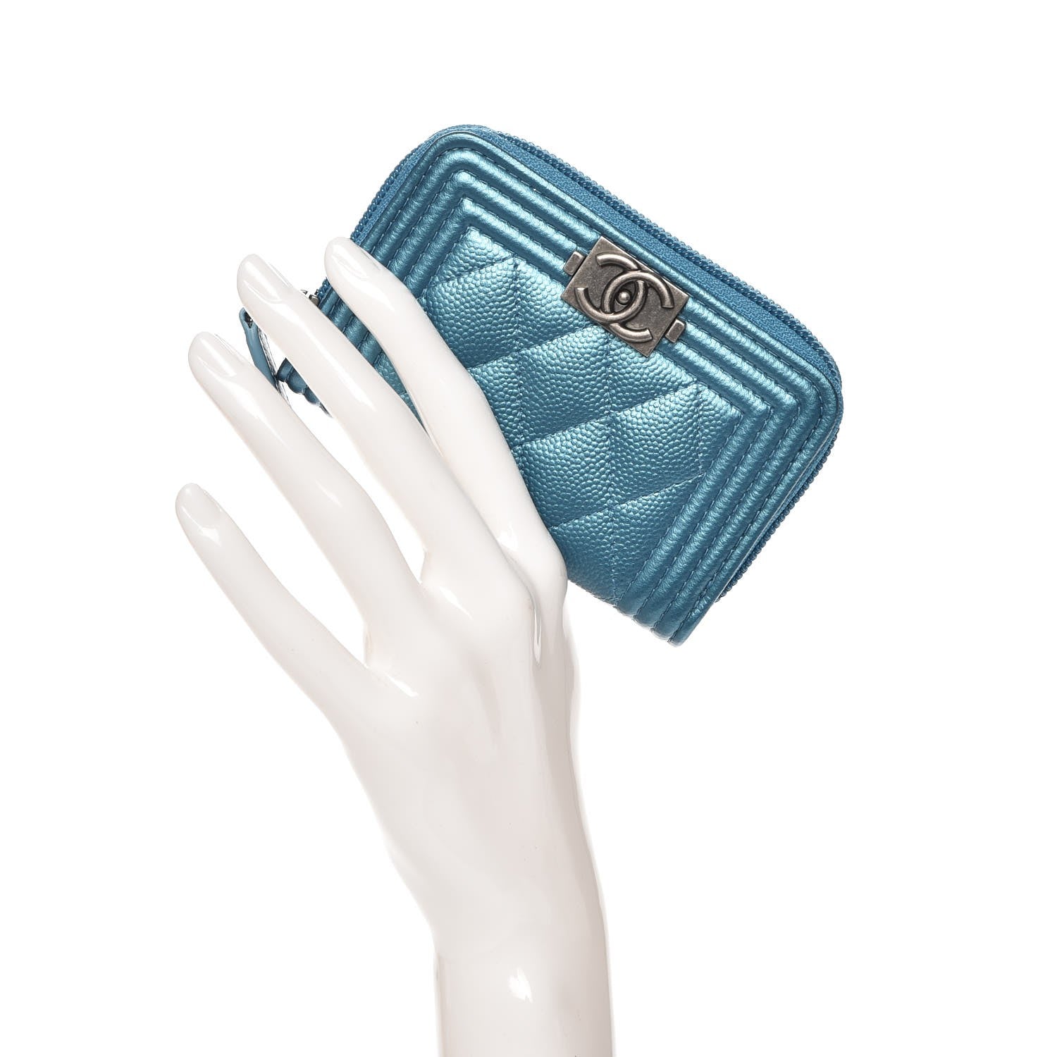 Chanel Metallic Caviar Quilted Boy Zip Around Coin Purse Wallet Turquoise 2 of 8