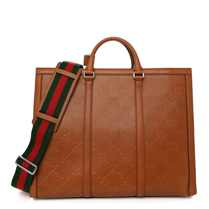 Gucci Calfskin GG Tennis Embossed Large Tote Bag Brown 1 of 12