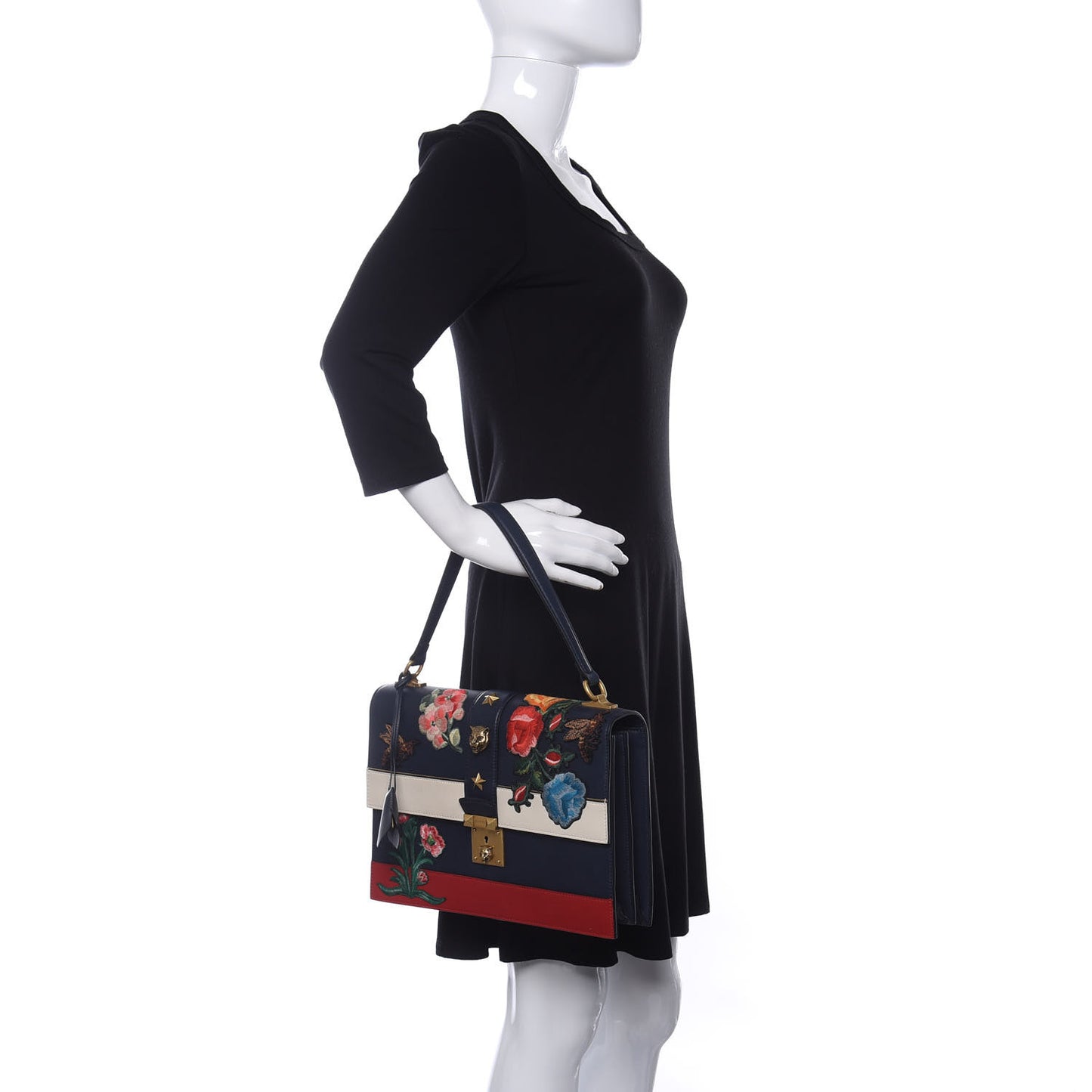 Calfskin Embroidered Riche Stripe Shoulder Bag Blue Red