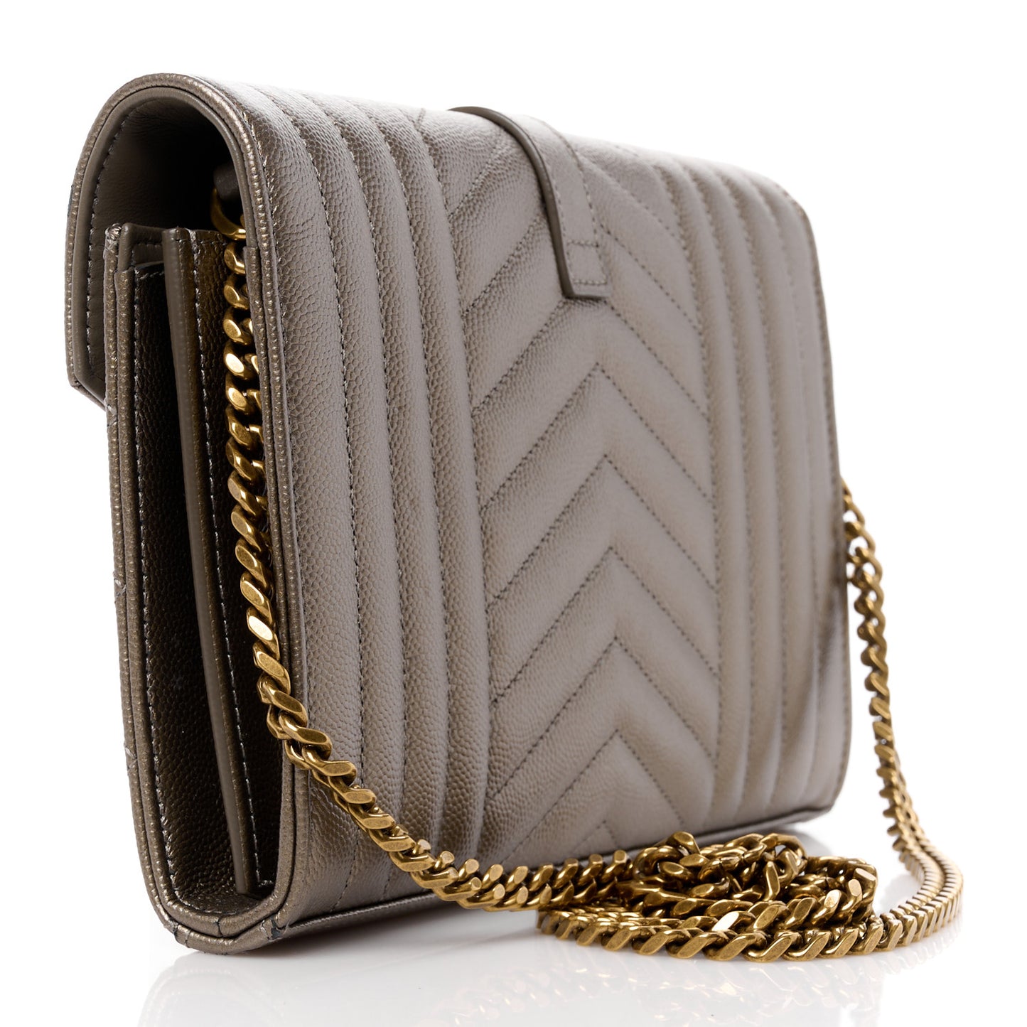 Metallic Grain De Poudre Mixed Matelasse Triquilt Monogram Chain Wallet Piombo