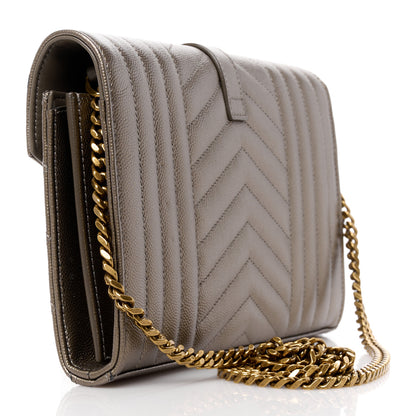 Saint Laurent Metallic Grain De Poudre Mixed Matelasse Triquilt Monogram Chain Wallet Piombo 3 of 9