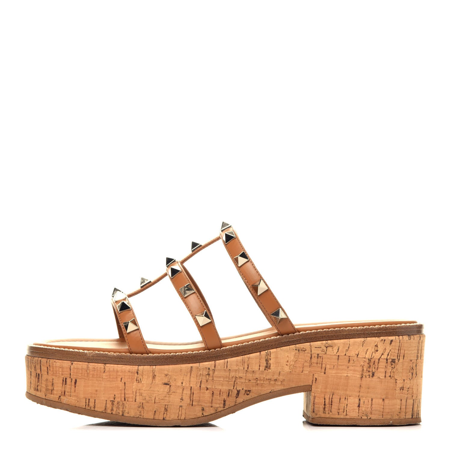Valentino Garavani Calfskin Cork Rockstud Caged 30/50mm Platform Sandals 37.5 Tan 1 of 9