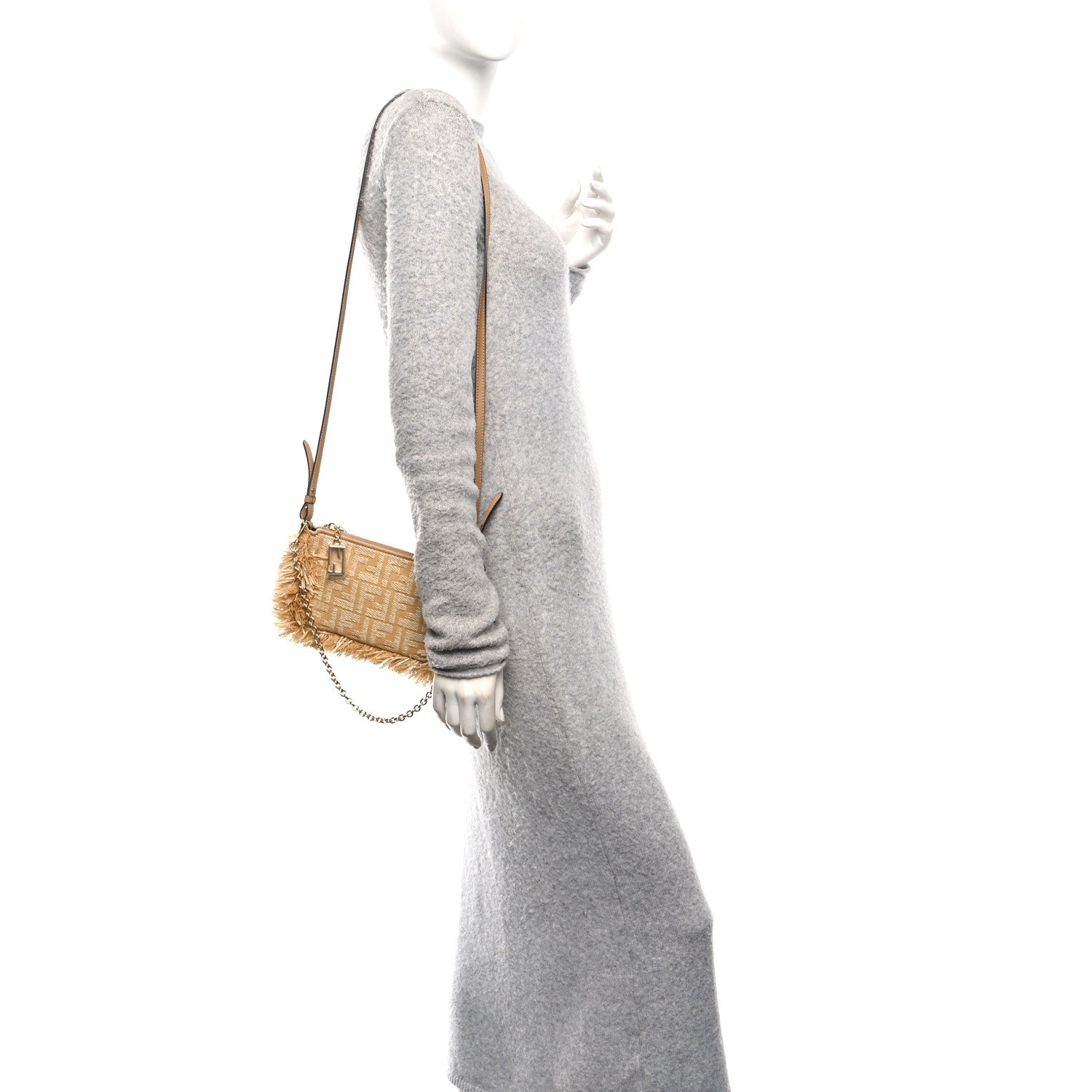 Fendi Raffia Fringe FF Embroidered Baguette Pouch Natural Dark Honey 2 of 11