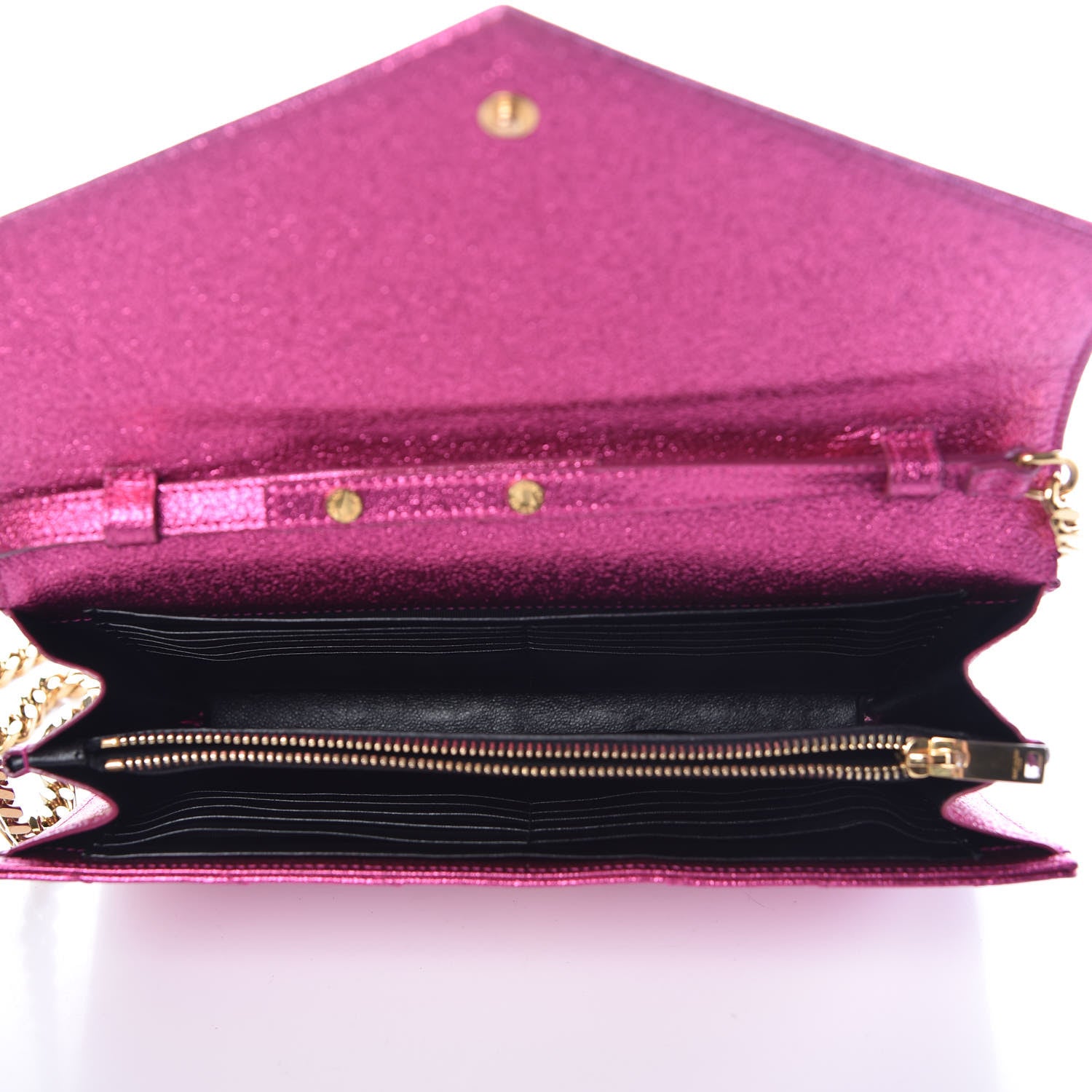 Saint Laurent Metallic Crackled Calfskin Matelasse Chevron Monogram Chain Wallet Fuchsia 5 of 11