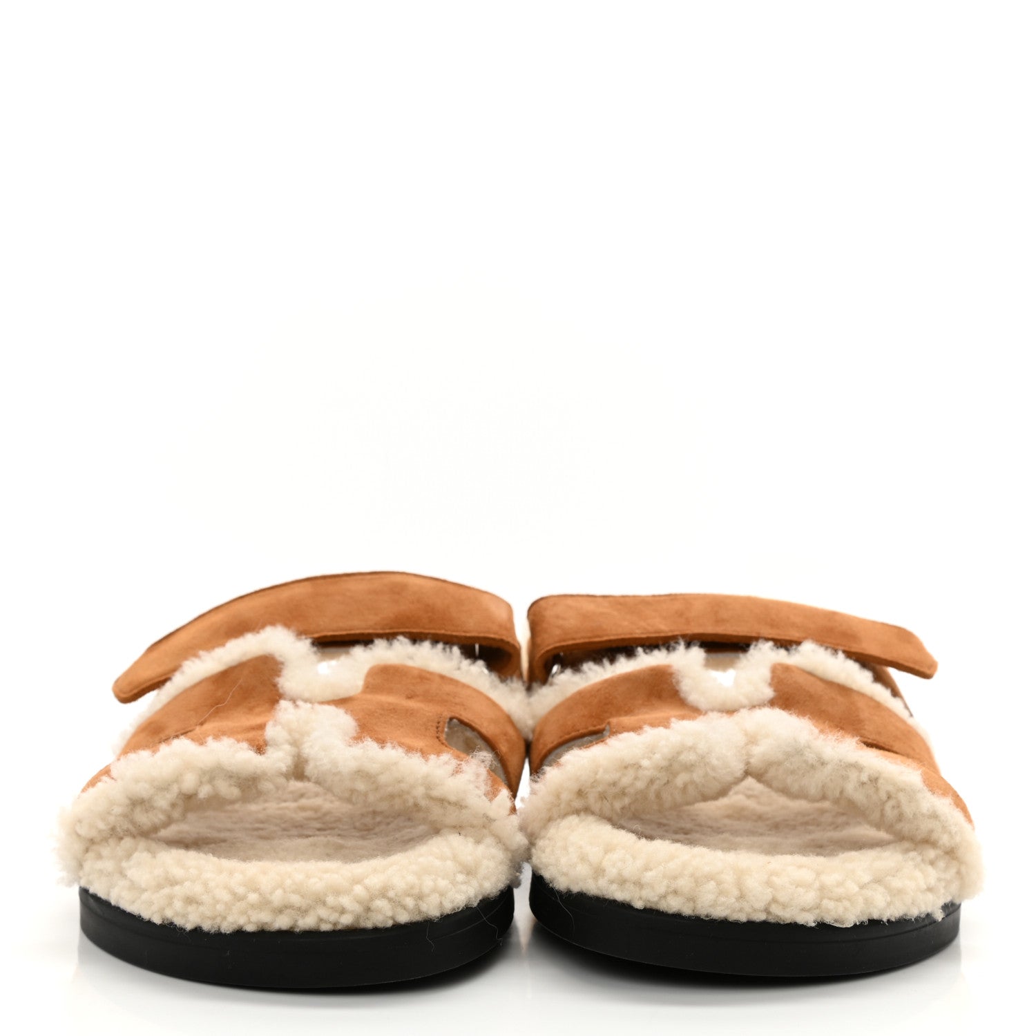 Hermes Suede Goatskin Woolskin Womens Chypre Sandals 37 Brun Fume Ecru 2 of 8