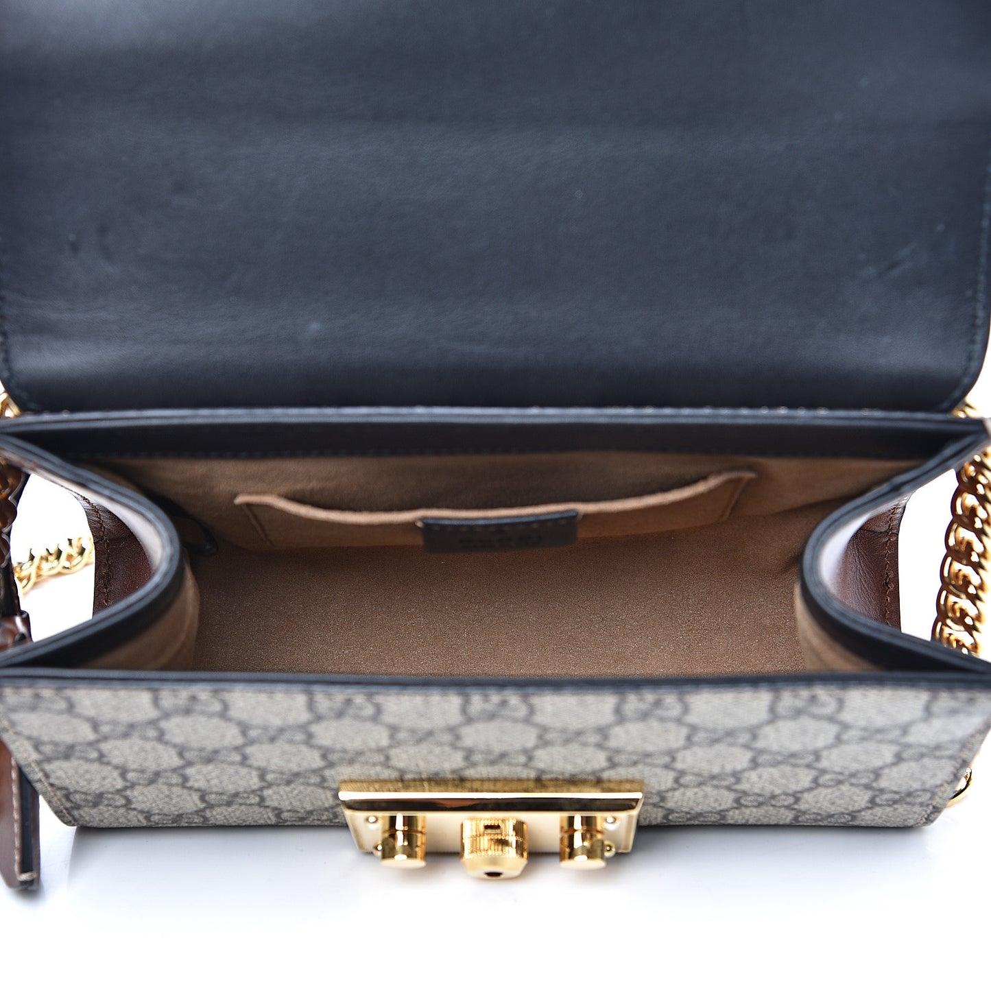 GG Supreme Monogram Calfskin Small Padlock Shoulder Bag Beige Black Cuir