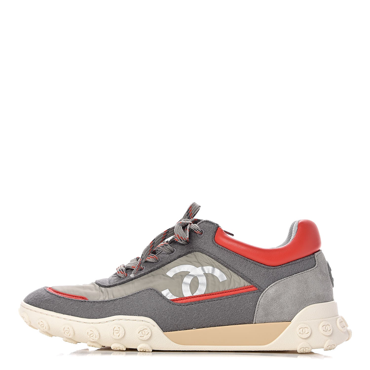 Chanel Nylon Calfskin Suede Mens CC Sneakers 41 Grey Orange 1 of 10