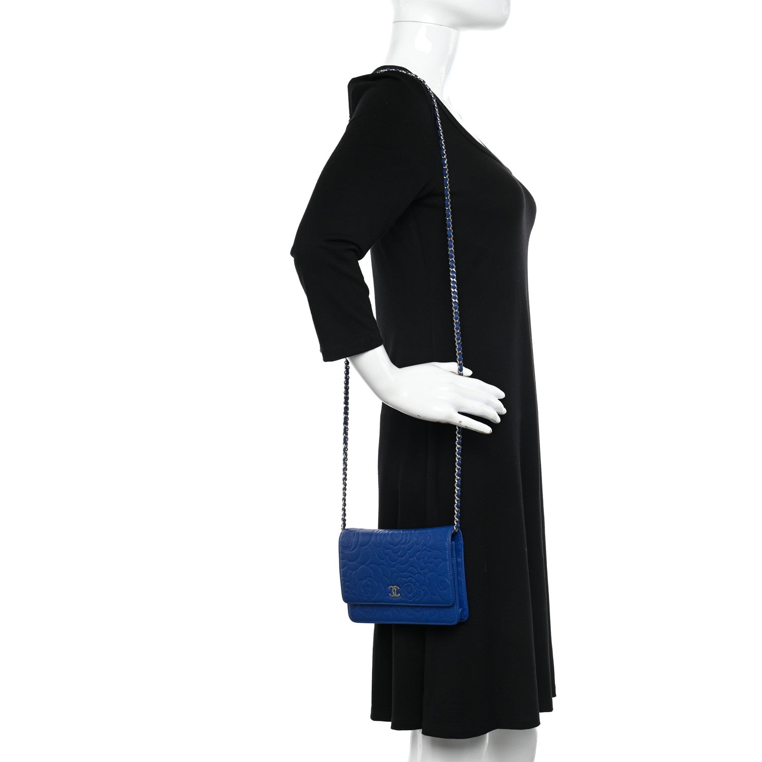 Chanel Lambskin Camellia Embossed Wallet on Chain WOC Blue 2 of 13