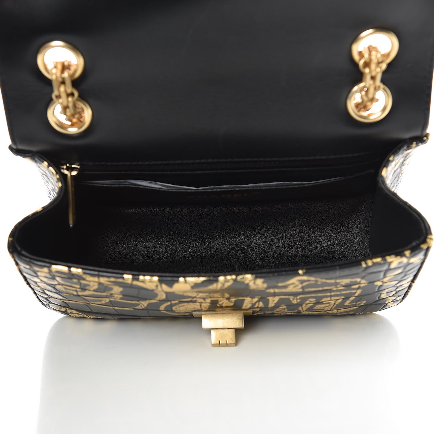Chanel Calfskin Crocodile Embossed Graffiti 2.55 Mini Cocodile Reissue Flap Black Gold 5 of 10