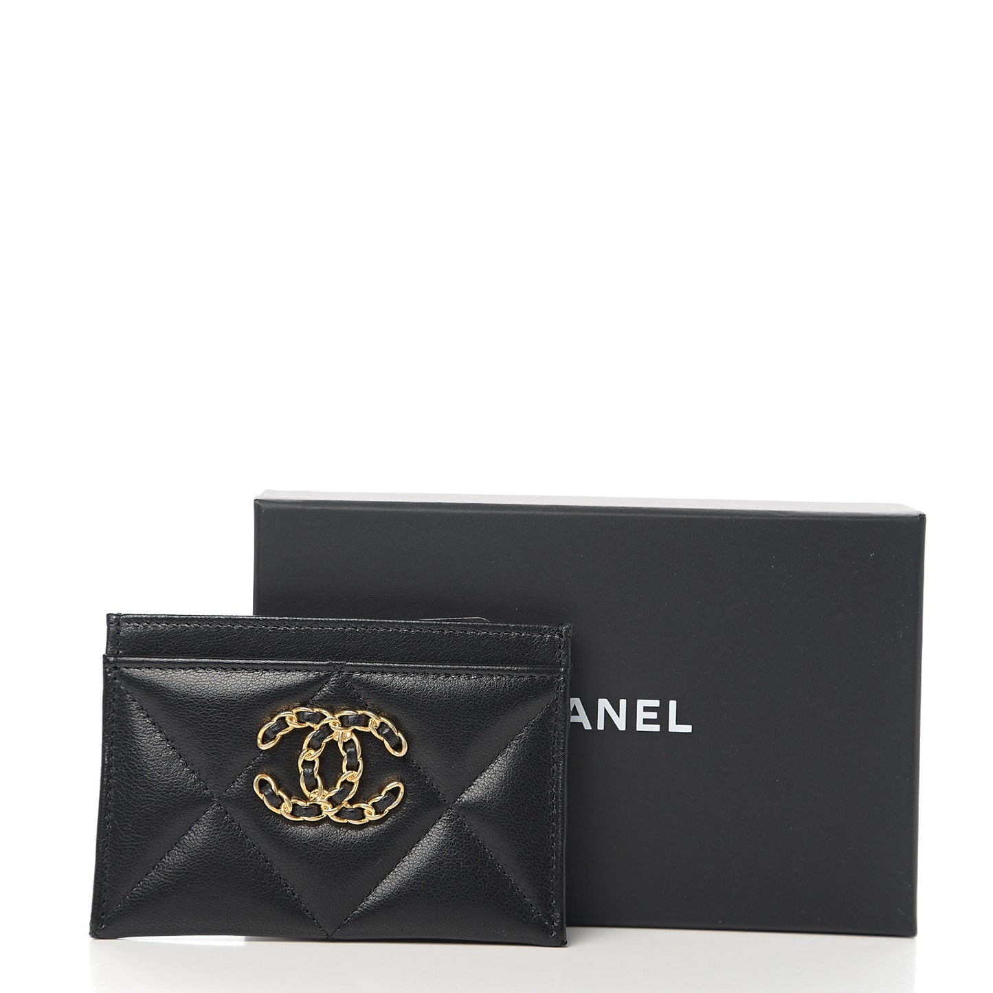 Shiny Goatskin Quilted Chanel 19 Card Holder Black