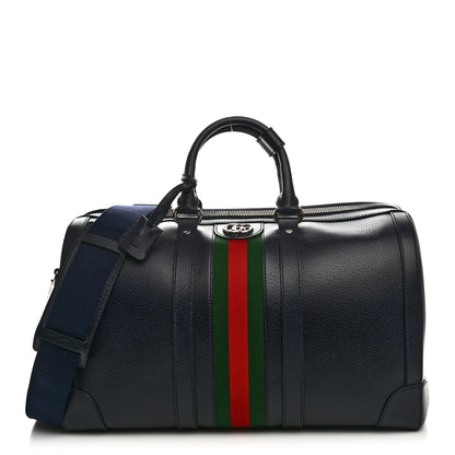 Gucci Textured Dollar Calfskin Web Medium Savoy Duffle Bag Blue 1 of 9