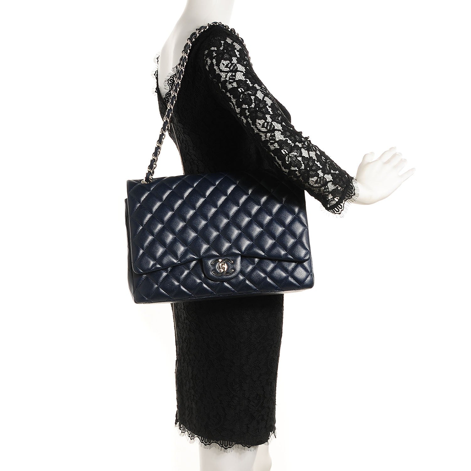 Chanel Caviar Quilted Maxi Double Flap Dark Blue 2 of 9