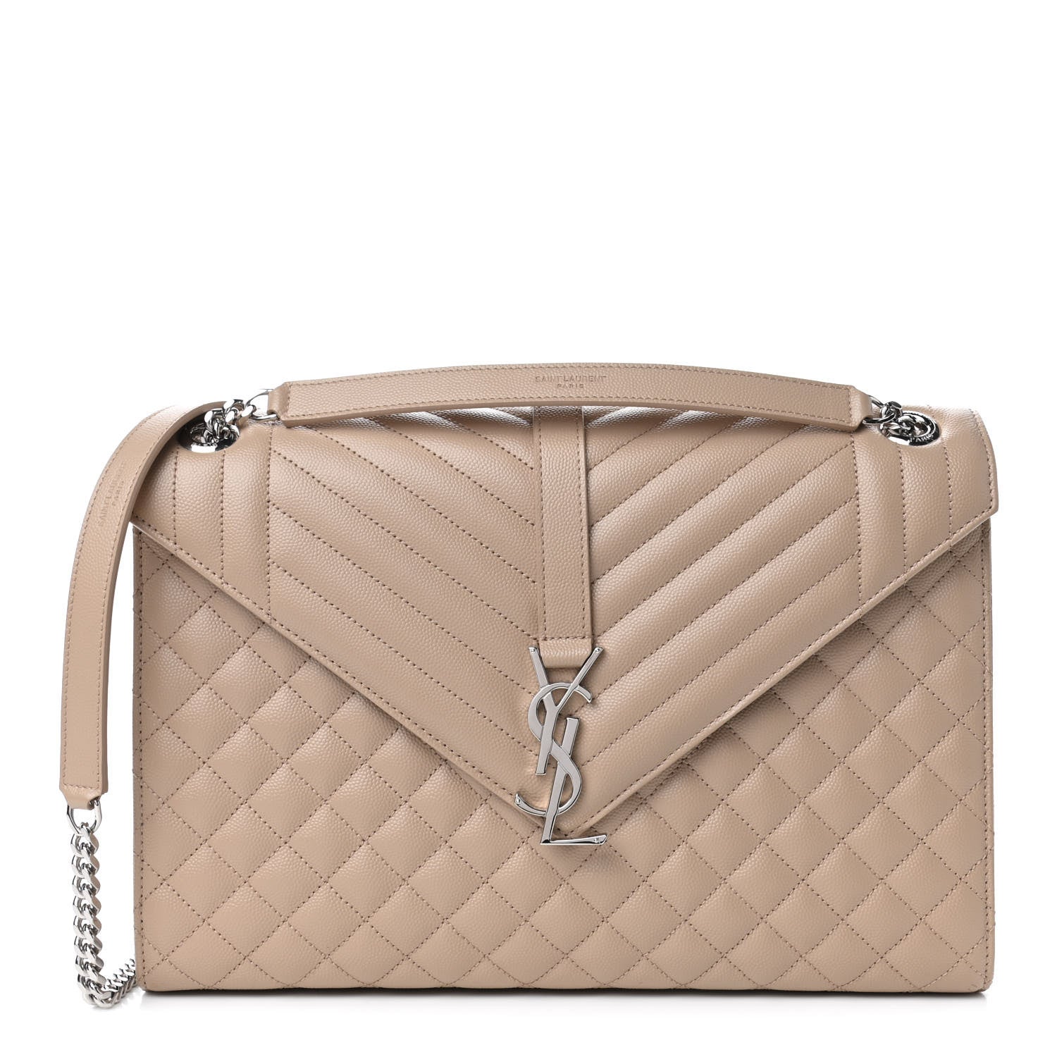 Saint Laurent Grain De Poudre Mixed Matelasse Large Triquilt Monogram Satchel Dark Beige 1 of 4