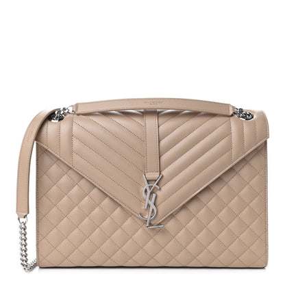 Saint Laurent Grain De Poudre Mixed Matelasse Large Triquilt Monogram Satchel Dark Beige 1 of 4