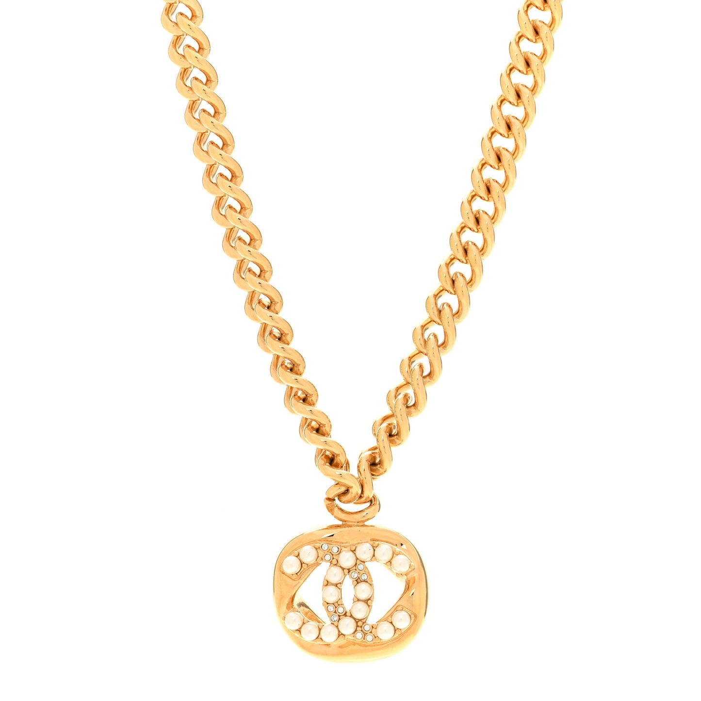 Metal Crystal Pearl Chain Link CC Necklace Gold
