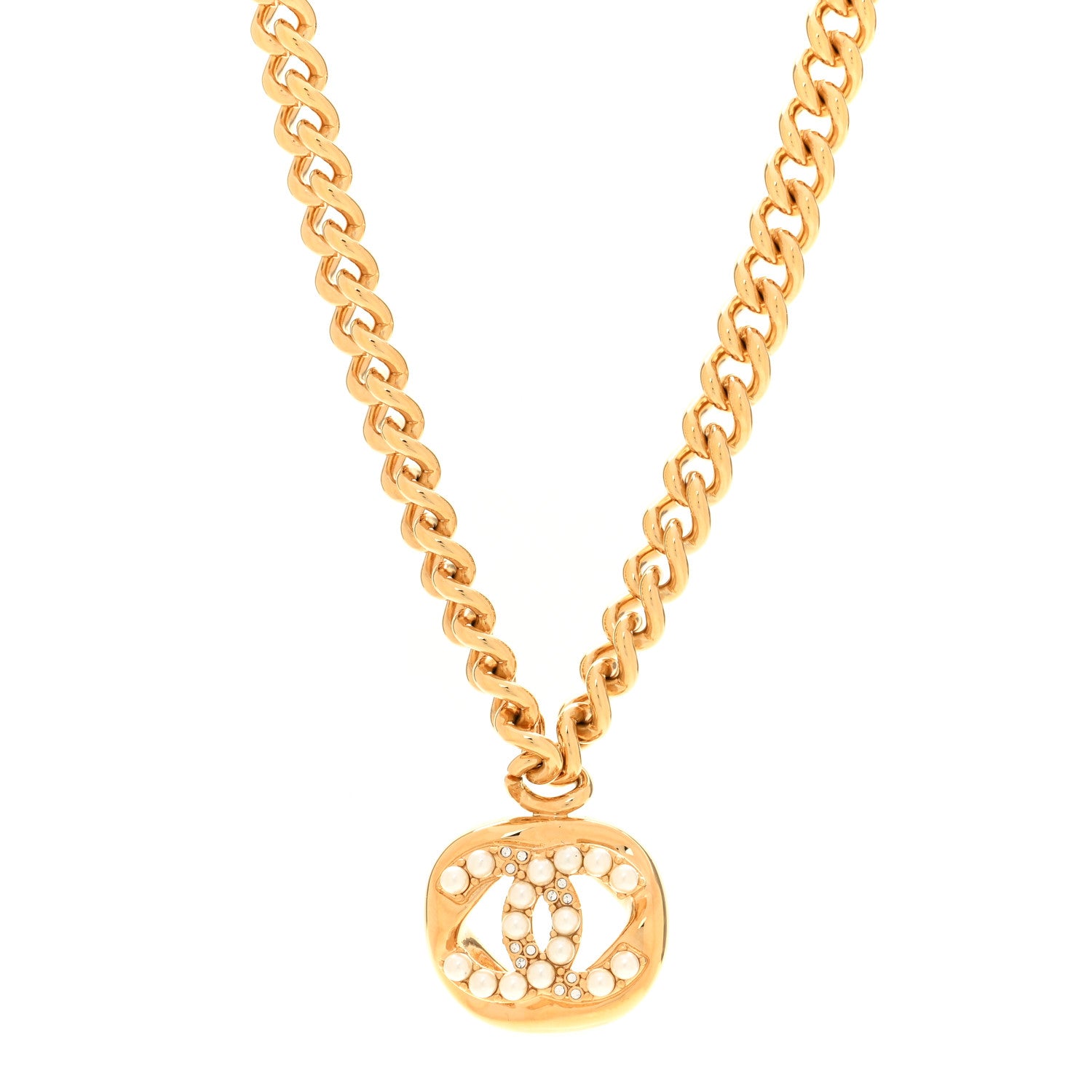 Chanel Metal Crystal Pearl Chain Link CC Necklace Gold 4 of 6