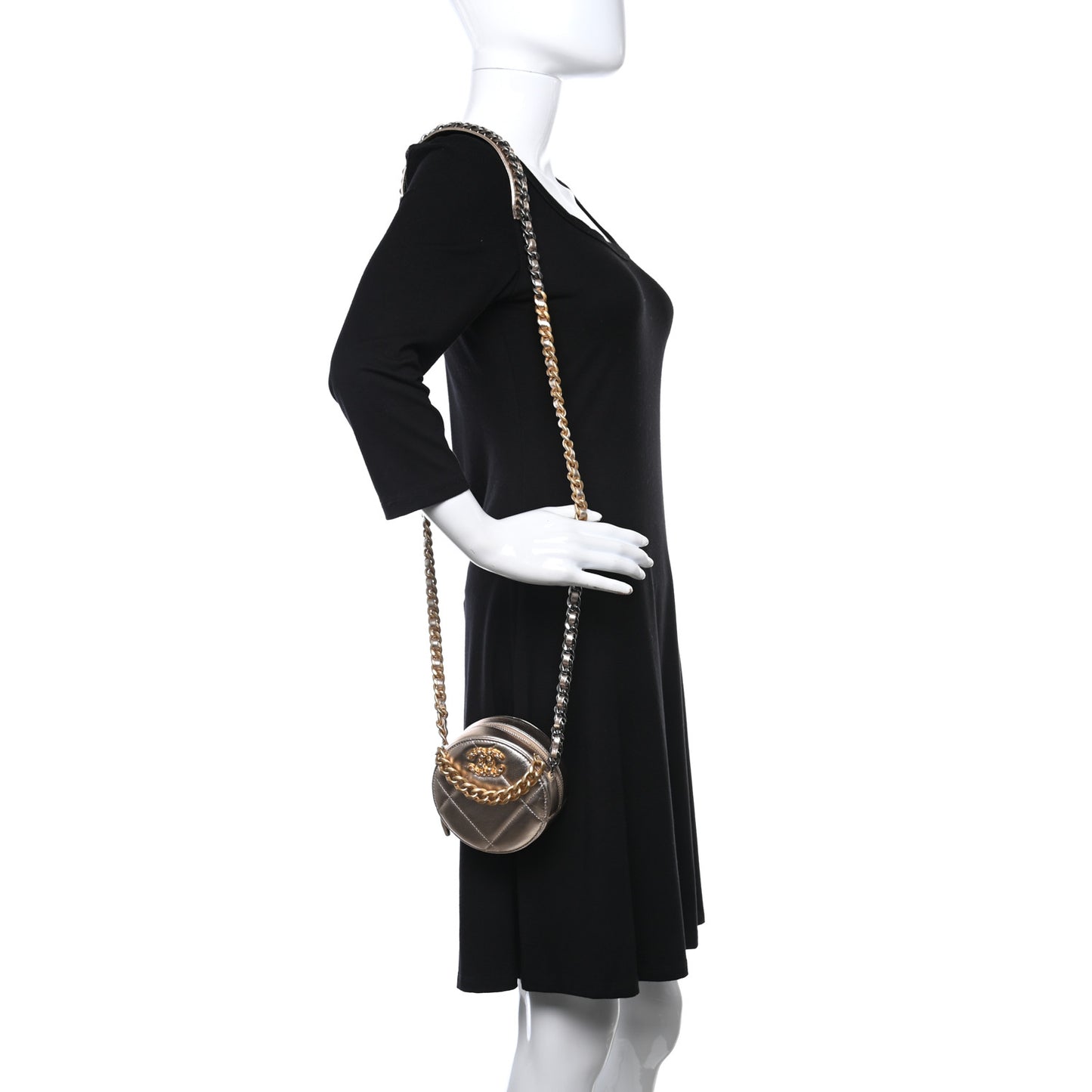 Metallic Lambskin Quilted Chanel 19 Round Clutch With Chain Gold