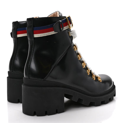 Gucci Calfskin Sylvie Web Lace Up Combat Boots 37.5 Black 4 of 8