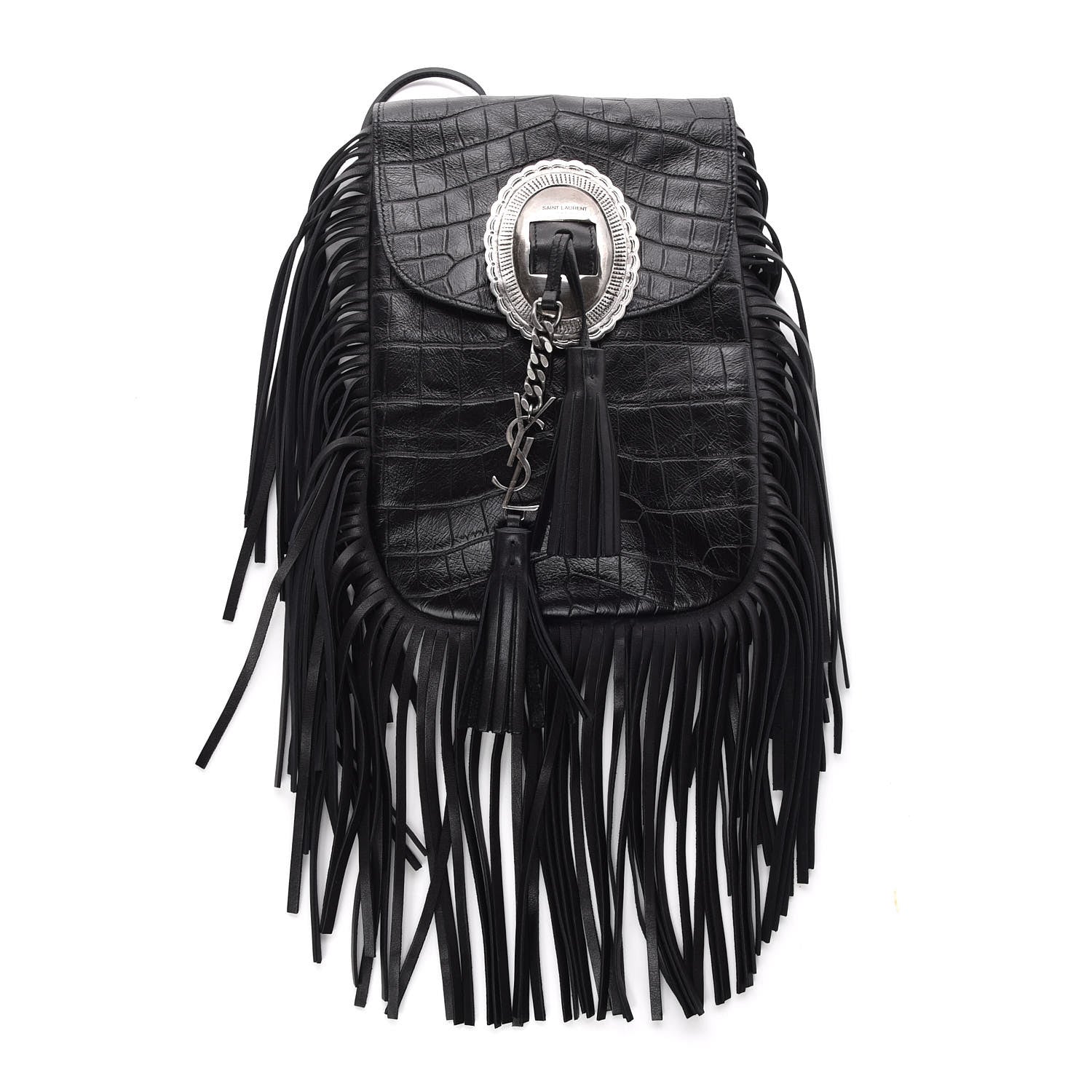 Saint Laurent Calfskin Crocodile Embossed Anita Tassed Crossbody Bag Black 1 of 7