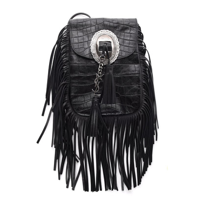 Saint Laurent Calfskin Crocodile Embossed Anita Tassed Crossbody Bag Black 1 of 7
