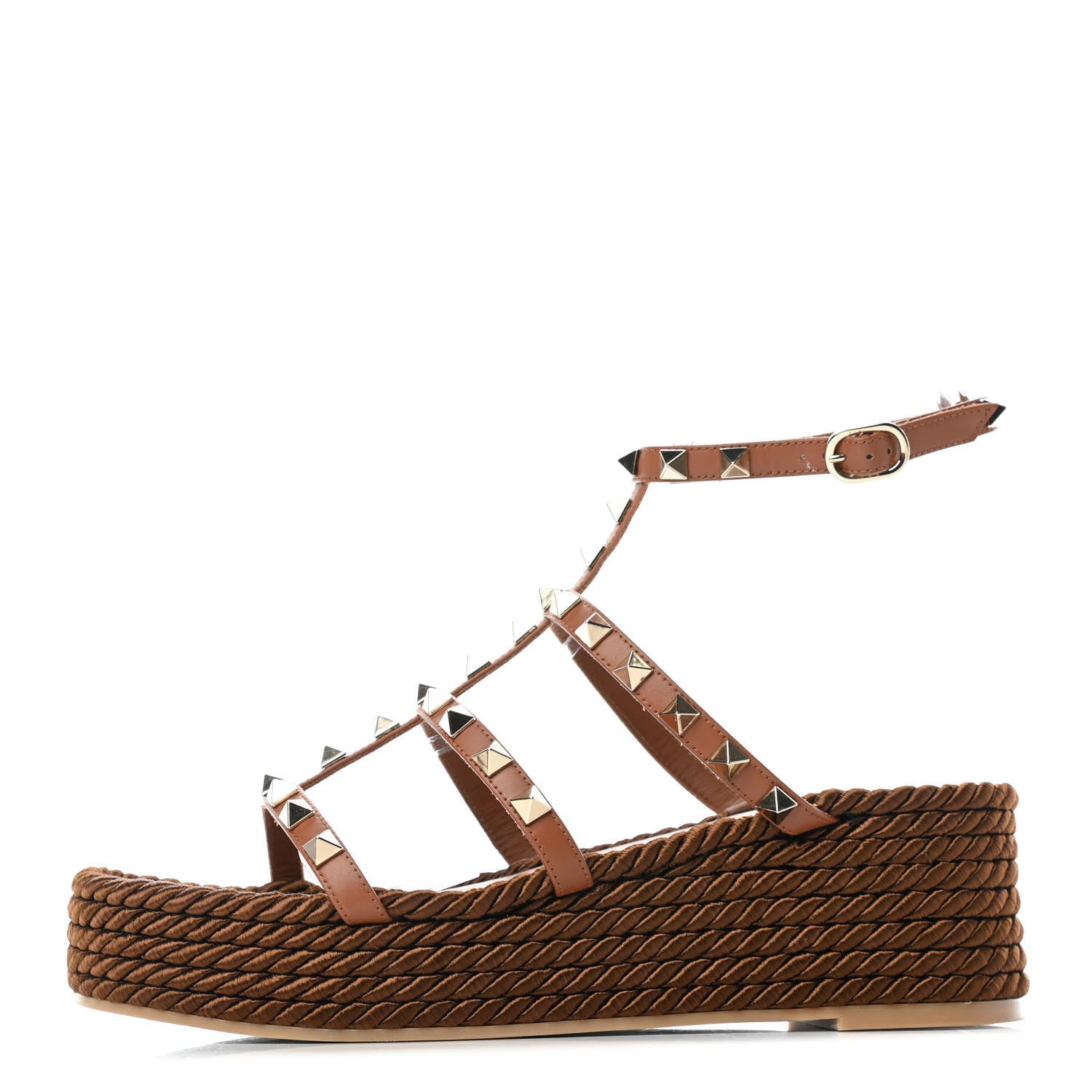 Valentino Garavani Calfskin Rockstud Ankle Strap Torchon Espadrille Caged 30/55mm Sandals 38 Saddle Brown 1 of 5