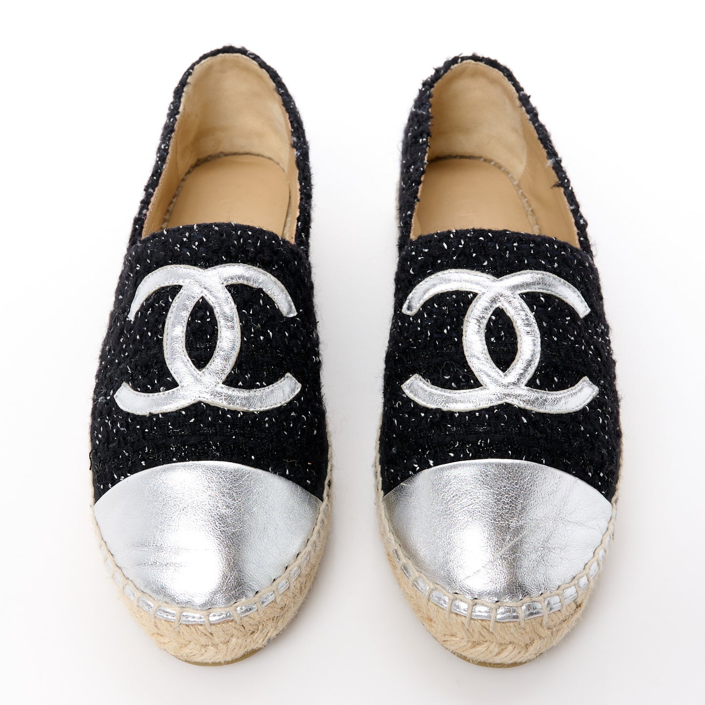 Metallic Lambskin Tweed CC Espadrilles 41 Black Silver