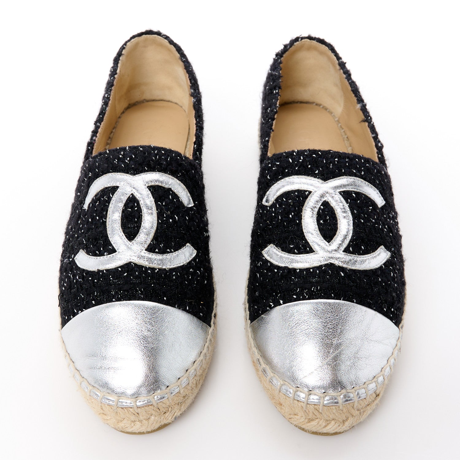 Chanel Metallic Lambskin Tweed CC Espadrilles 41 Black Silver 2 of 13