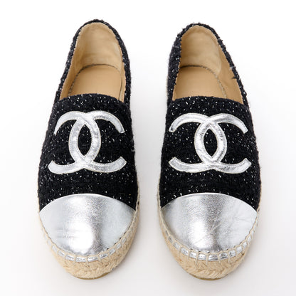 Chanel Metallic Lambskin Tweed CC Espadrilles 41 Black Silver 2 of 13