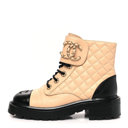 Chanel Lambskin Calfskin Quilted Lace Up Combat Boots 36 Beige Black 1 of 8